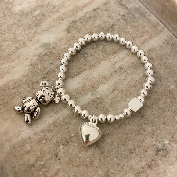 925 Sterling Silver Teddy Bear & Heart Charm Bracelet Dainty Bead Charm Bracelet - Picture 5 of 6